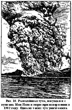 подпись: 
рис. 10. раскалённая туча, несущаяся с вулкана мон пеле к морю при извержении в 1902 году. одна из таких туч уничтожила город сен-пьер.
