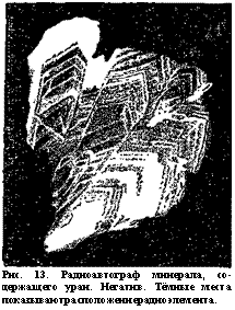 подпись: 
рис. 13. радиоавтограф минерала, со-держащего уран. негатив. тёмные места показываютрасположениерадиоэлемента.
