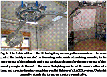 Подпись: Fig. 6. The Artificial Sun of the SIJ for lighting and sun path examinations. The main part of the facility is installed on the ceiling and consists of a rotating assembly for the movement of the azimuth angle and a telescopic arm for the movement of the envelope angle. At the end of the arm is the lighting unit fixed. It consists either of a lamp and a parabolic mirror supplying parallel light or of a LASER system. Under this assembly stands the target on a rotary round table. 