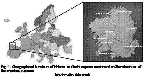 Подпись: Fig. 1: Geographical location of Galicia in the European continent and localization of the weather stations involved in this work 