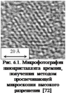 Подпись: Рис. 6.1. Микрофотография нанокристаллита кремния, полученная методом просвечивающей микроскопии высокого разрешения [72] 