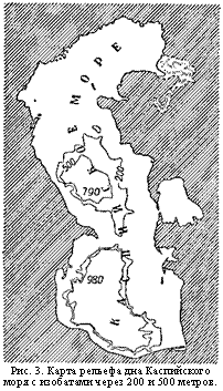 подпись: 
рис. 3. карта рельефа дна каспийского моря с изобатами через 200 и 500 метров.
