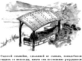 подпись: 
садовой скамейке, сделанной из самана, понадобится защита от непогоды, иначе она постепенно разрушится от дождя.
