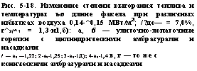 подпись: рис. 5-18. изменение степени выгорания топлива и температуры ъо длине факела при различных избытках воздуха 0,14-^0,15 мвт/м3; /?до— = 7,0%, г^2/^1 = 1,3-н1,б): а, б — улиточно-лопаточные горелки с цилиндрическими амбразурами и насадками
/ — ат —1,22; 2-ат-1,25; 3-ат-1д); 4-ат-1,4 в, г — то же с коническими амбразурами и насадками
2 — ат—1,21; 3-ат-1,27; 4-ат-1,32
