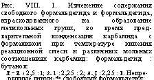 подпись: рис. viii. 1. изменение содержания свободного формальдегида и формальдегида, израсходоваииого на образование метилольных групп, во время пред-варительной конденсации карбамида с формалином при температуре кипения реакционной смеси и различных мольных соотношениях карбамид: формальдегид : бутанол:
1-1 : 2,5 : 1; 2- 1 : 2,25 : 2; 3 - i : 2,25 : 3. непре- рывные лиини-*• свободный формальдегид; пунктирные — формальдегид, пошедший иа об-разование метнлольиых групп.
