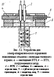 подпись: 
рис. 5.2. устройства для электрогидравлического взрывания монолитных объектов с помощью теплового взрыва: а — накладным втэ; б — втэ, погруженным в шпур;
1 — втэ; 2 — кабели; 3 — емкость; 4 — отражатель; 5 — губчатая уплотняющая прокладка; 6 — водопод- вод; 7 — ножки отражателя
